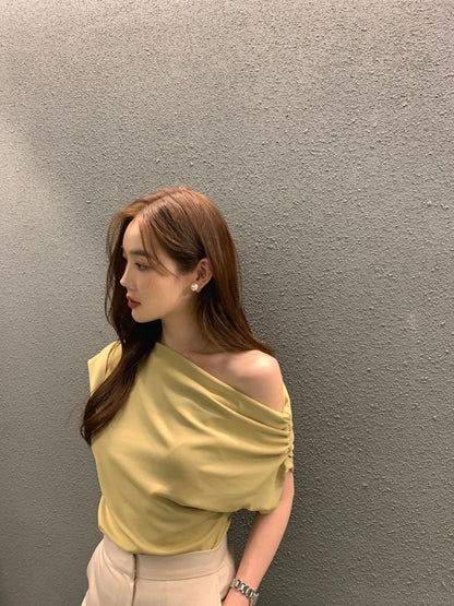 法式斜肩顯瘦top