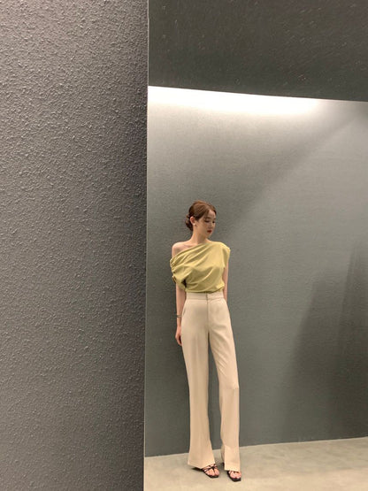 法式斜肩顯瘦top