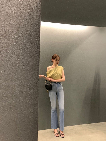 法式斜肩顯瘦top