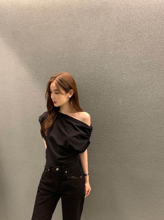 法式斜肩顯瘦top