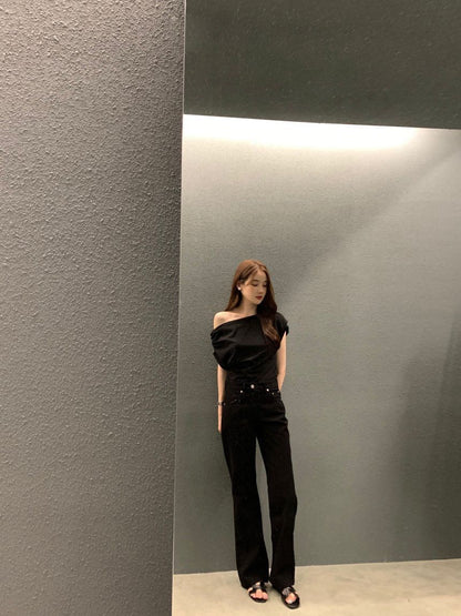 法式斜肩顯瘦top