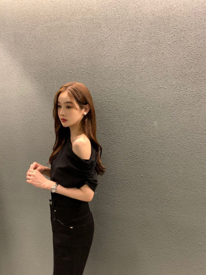 法式斜肩顯瘦top