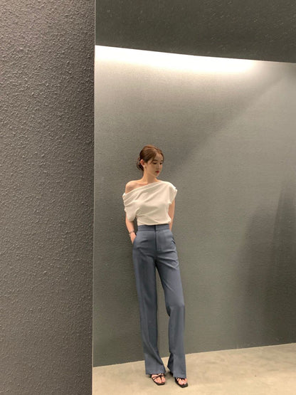 法式斜肩顯瘦top