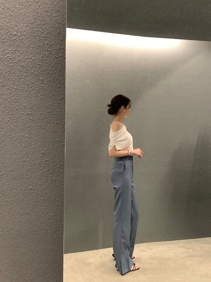 法式斜肩顯瘦top