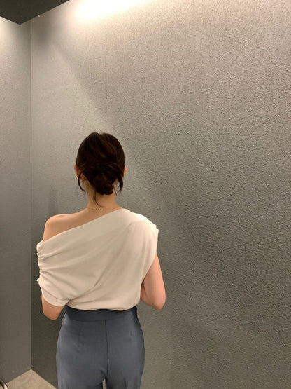 法式斜肩顯瘦top