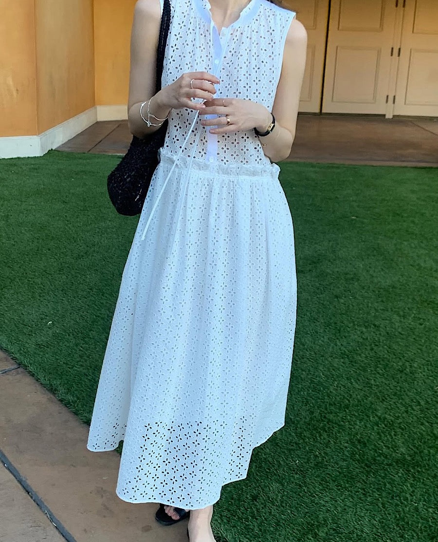 鏤空系帶無袖連身裙