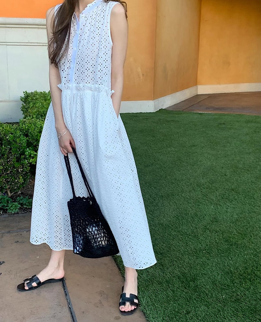 鏤空系帶無袖連身裙