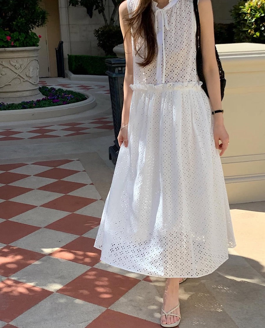 鏤空系帶無袖連身裙