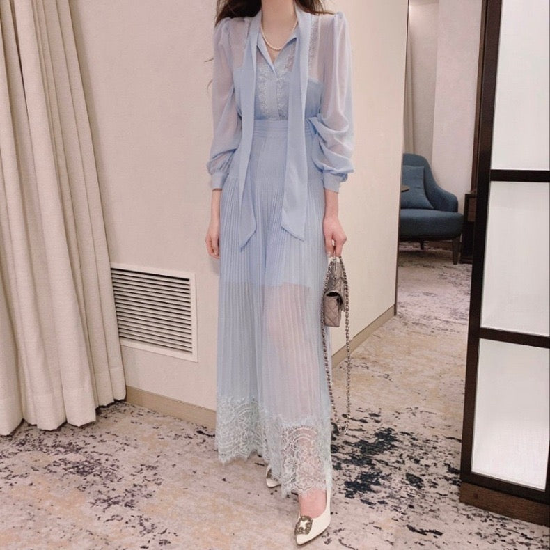 優雅なリボン付きレースウエストシェイプワンピース