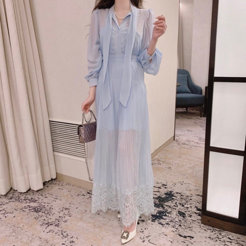 優雅なリボン付きレースウエストシェイプワンピース