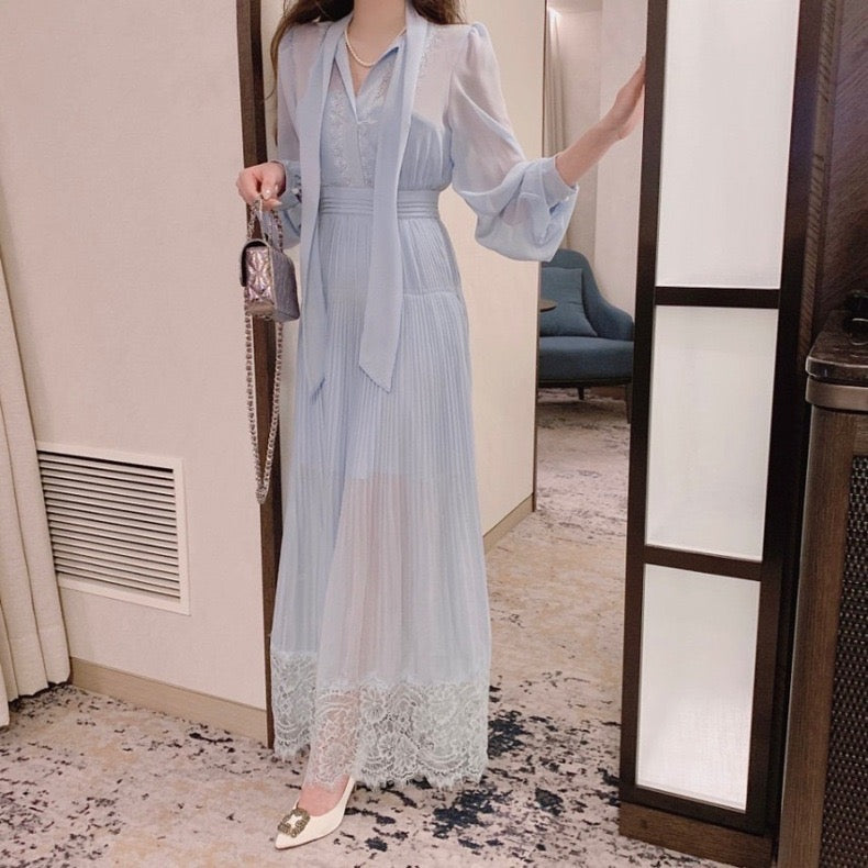 優雅なリボン付きレースウエストシェイプワンピース