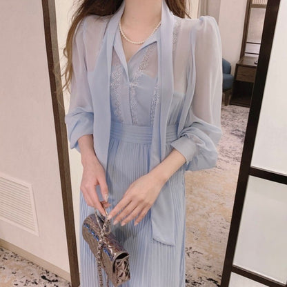 優雅なリボン付きレースウエストシェイプワンピース