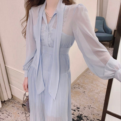 優雅なリボン付きレースウエストシェイプワンピース