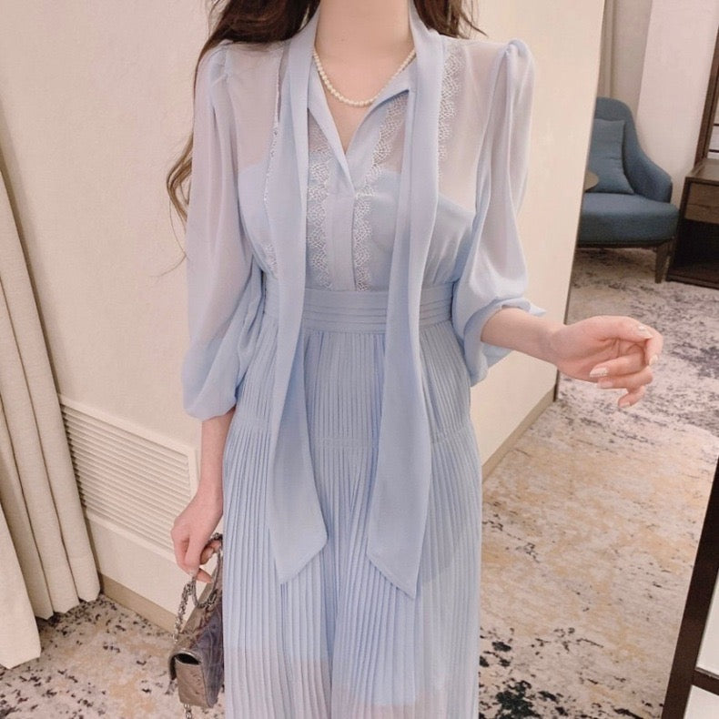 優雅なリボン付きレースウエストシェイプワンピース