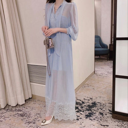 優雅なリボン付きレースウエストシェイプワンピース