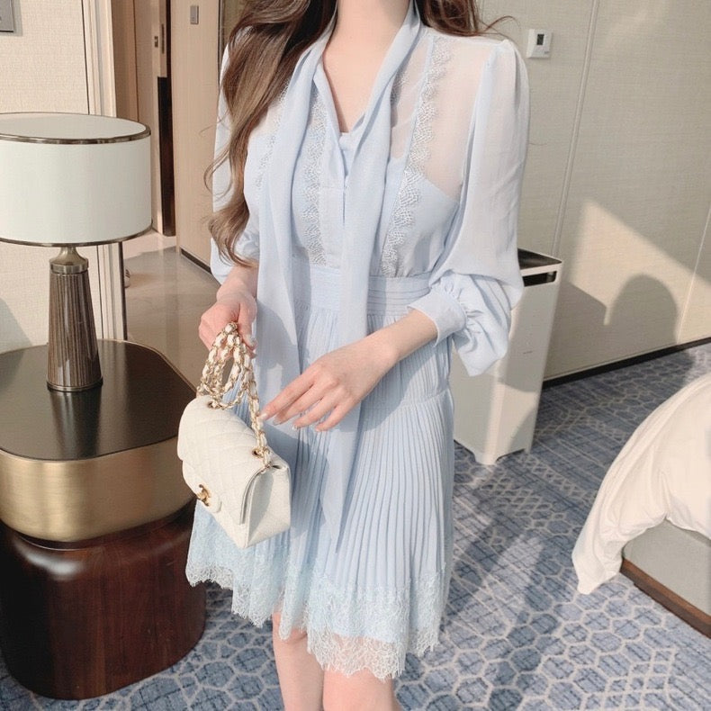 優雅なリボン付きレースウエストシェイプワンピース