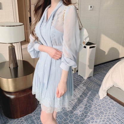 優雅なリボン付きレースウエストシェイプワンピース