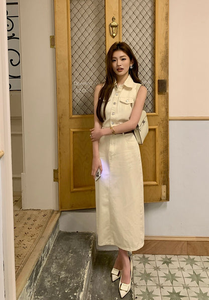 French-style cinched waist denim dress