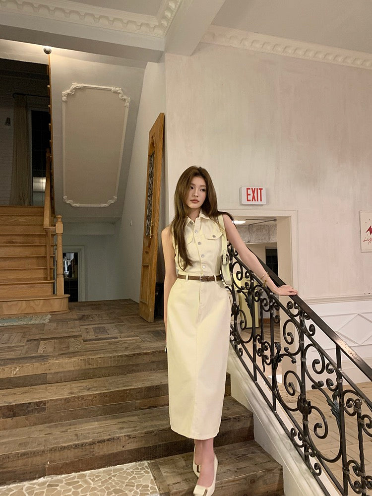 French-style cinched waist denim dress