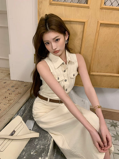 French-style cinched waist denim dress