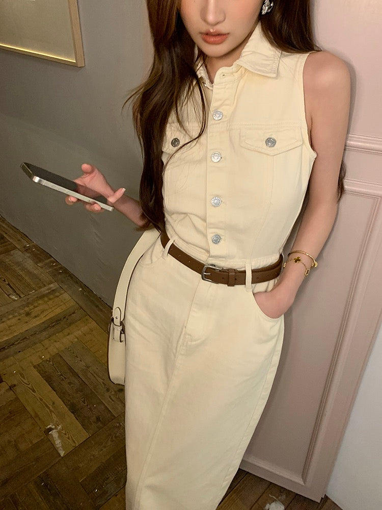 French-style cinched waist denim dress