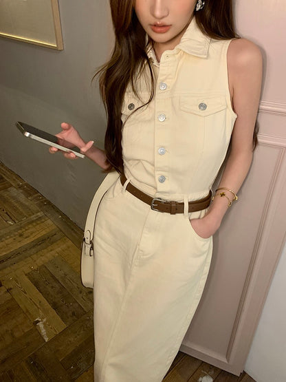 French-style cinched waist denim dress