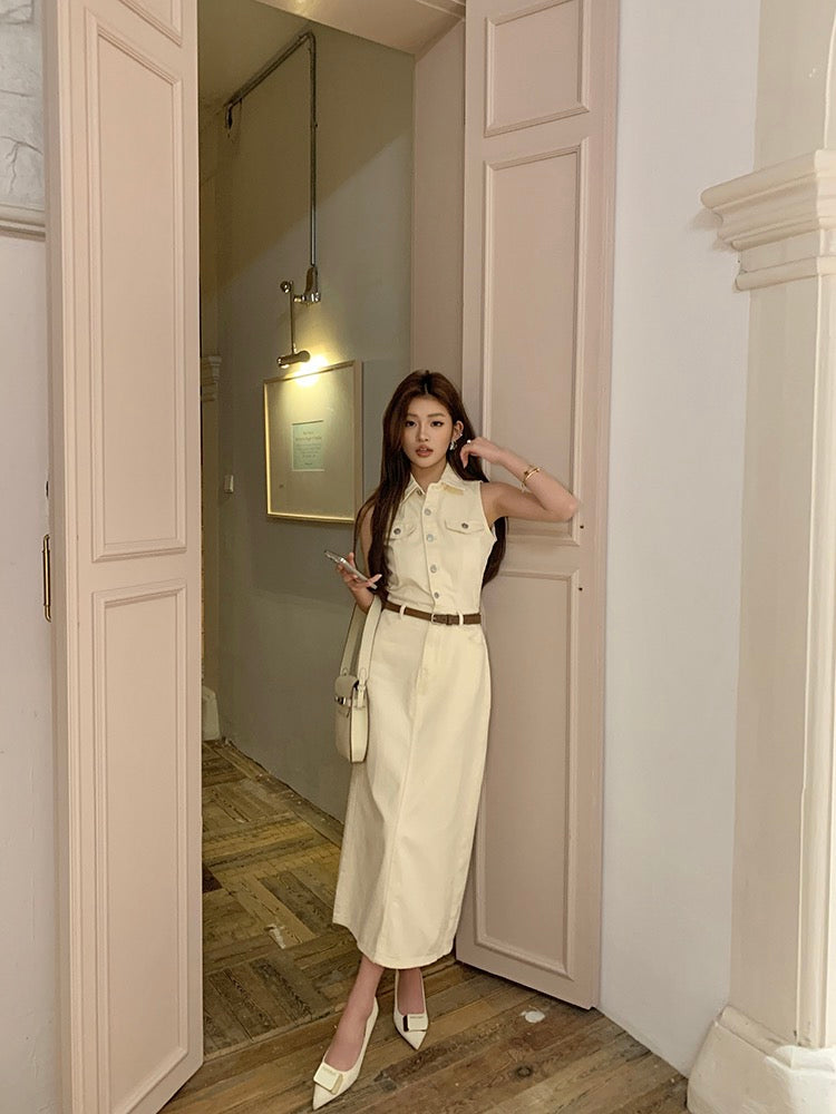 French-style cinched waist denim dress