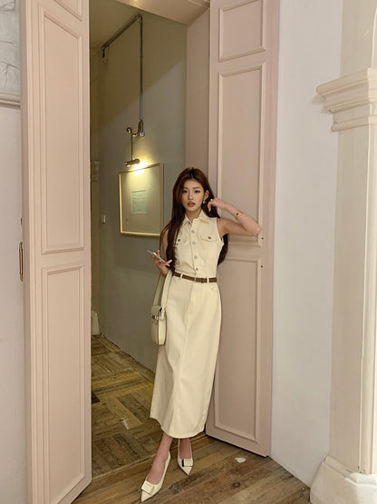 French-style cinched waist denim dress