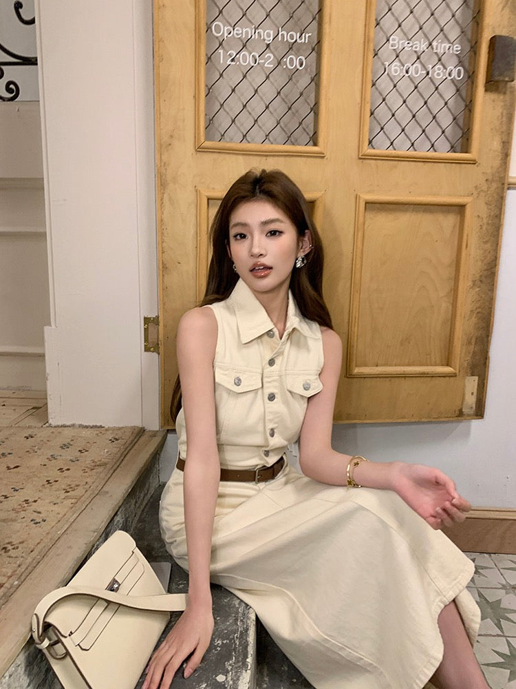 French-style cinched waist denim dress