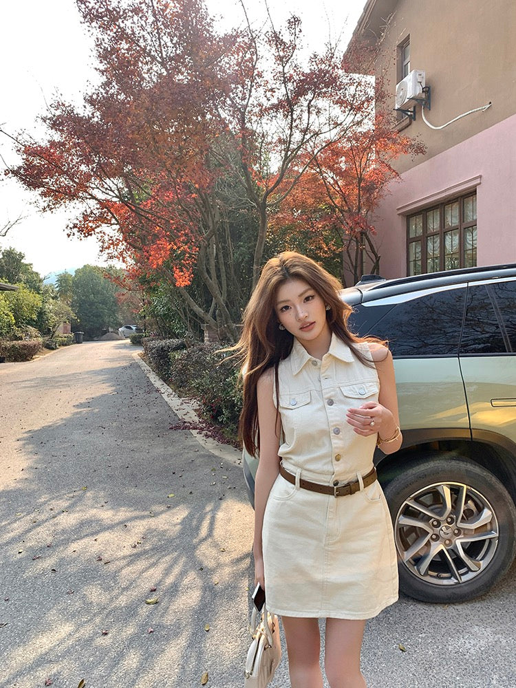 French-style cinched waist denim dress