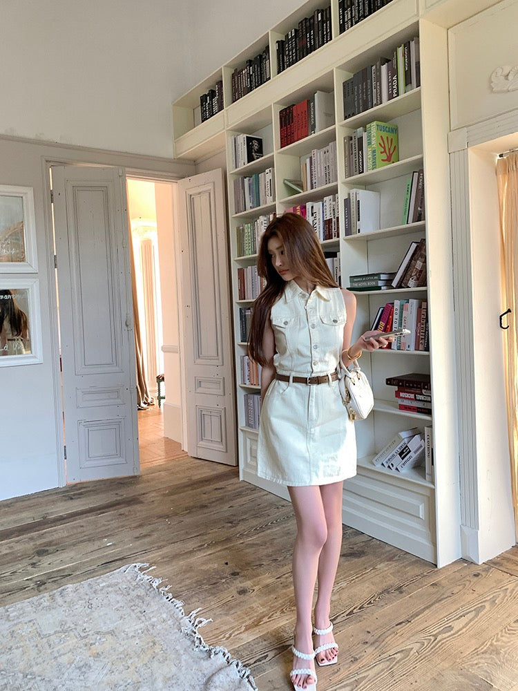 French-style cinched waist denim dress