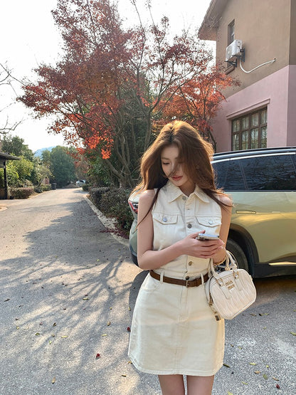 French-style cinched waist denim dress