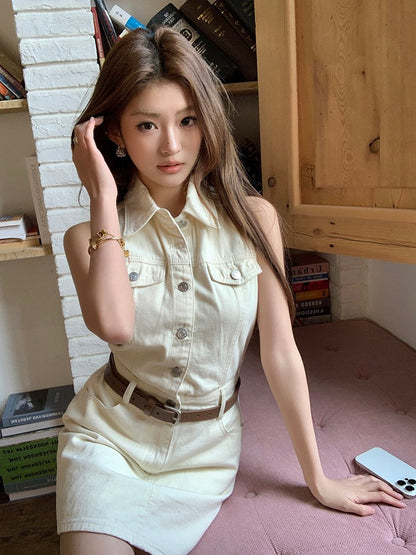 French-style cinched waist denim dress