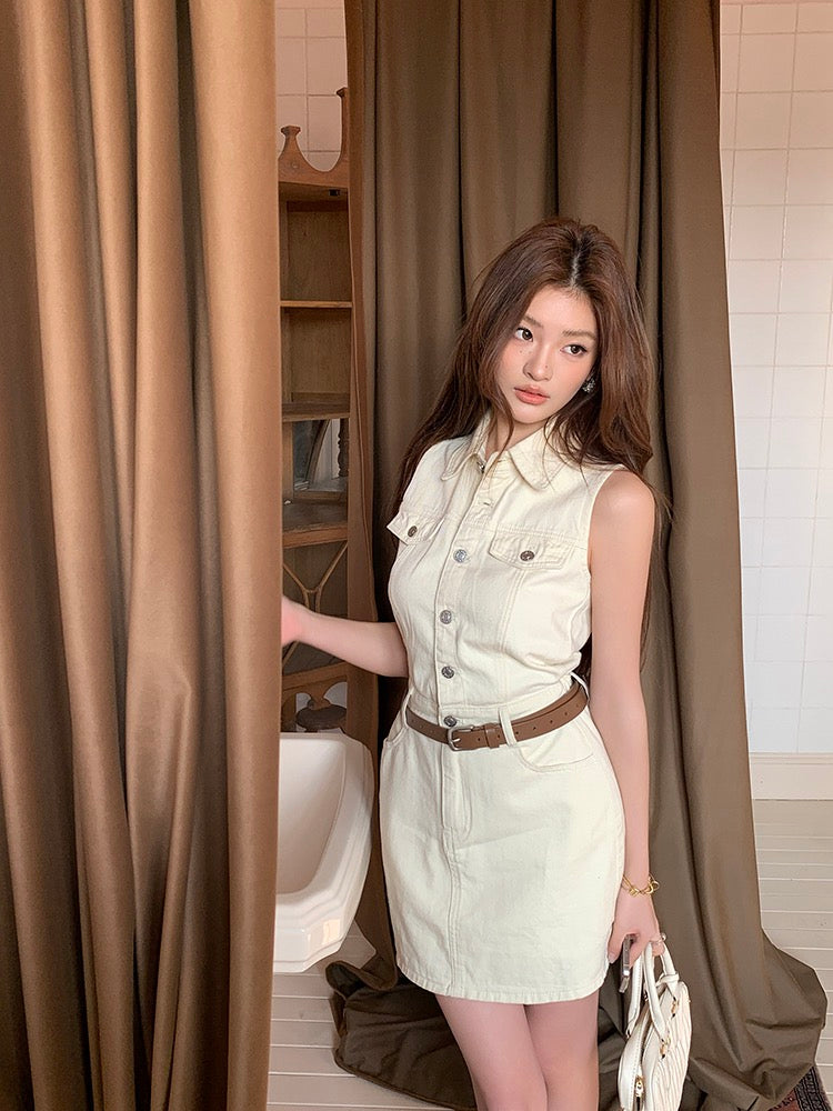 French-style cinched waist denim dress