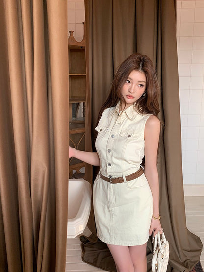 French-style cinched waist denim dress