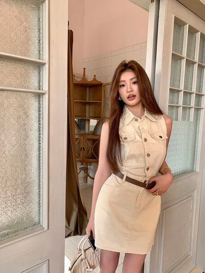 French-style cinched waist denim dress