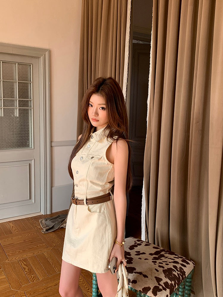 French-style cinched waist denim dress