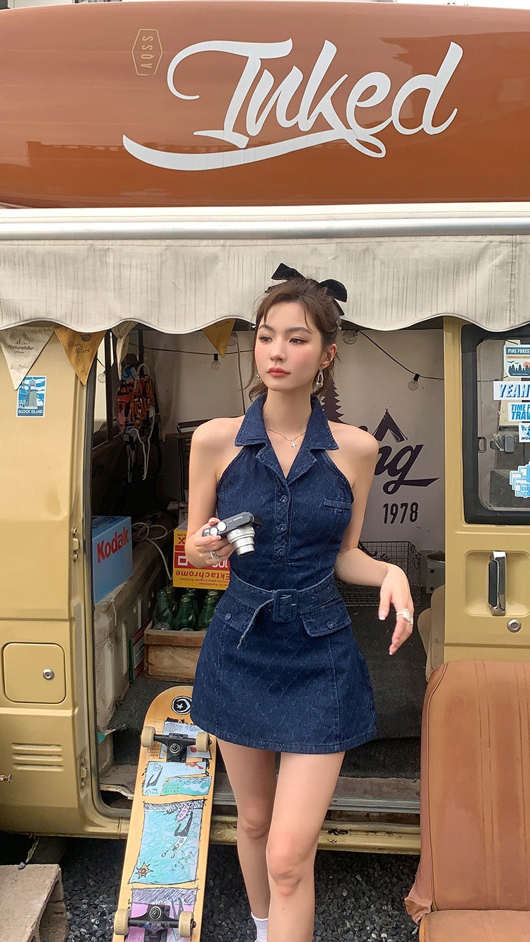 ノースリーブポロ襟デニムワンピース