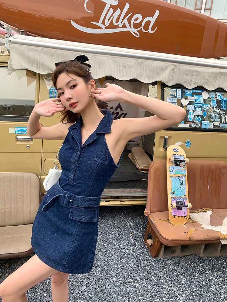 ノースリーブポロ襟デニムワンピース