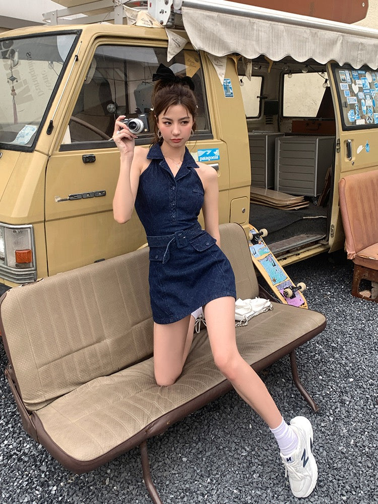ノースリーブポロ襟デニムワンピース