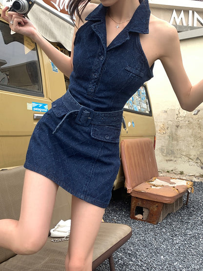 ノースリーブポロ襟デニムワンピース