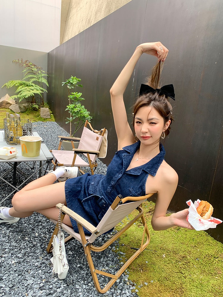 ノースリーブポロ襟デニムワンピース