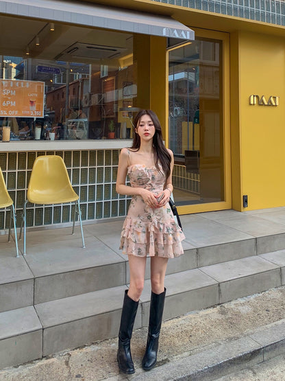 フランス風フリル付き花柄キャミソールドレス