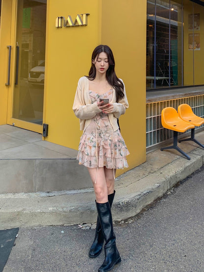 フランス風フリル付き花柄キャミソールドレス