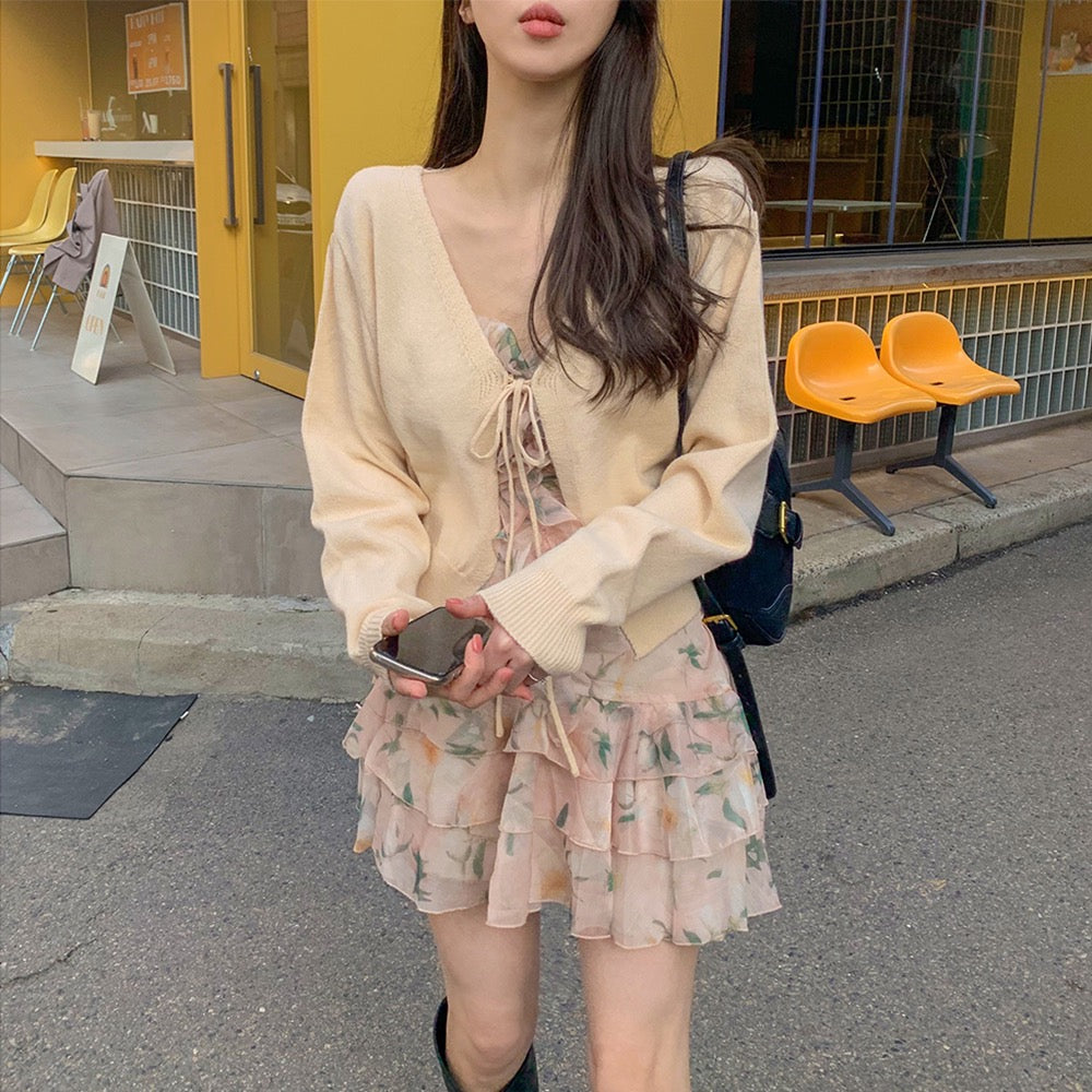 フランス風フリル付き花柄キャミソールドレス