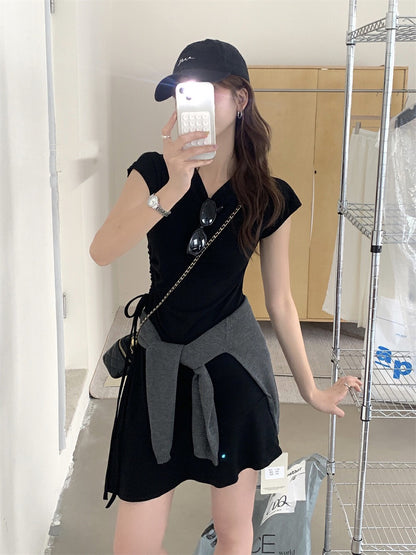 Side Drawstring Fitted Flutter Sleeve Dress