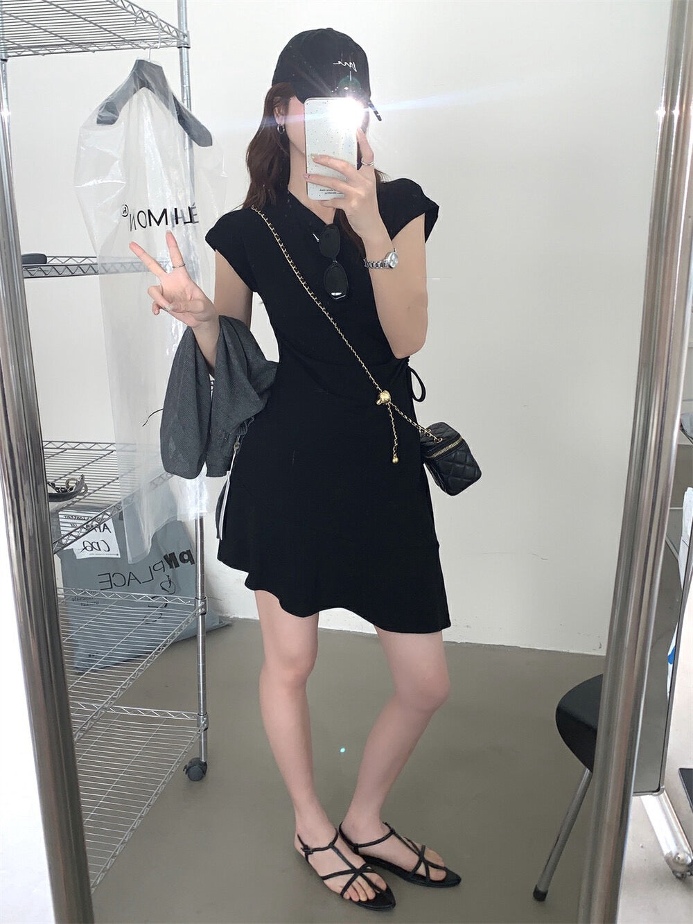 Side Drawstring Fitted Flutter Sleeve Dress