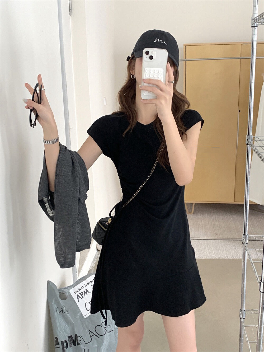 Side Drawstring Fitted Flutter Sleeve Dress