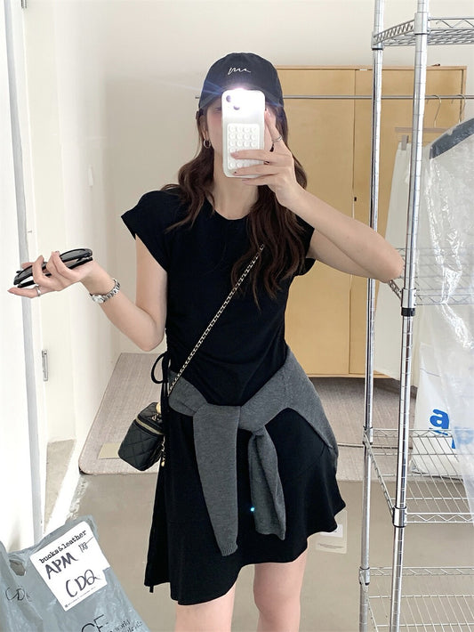 Side Drawstring Fitted Flutter Sleeve Dress