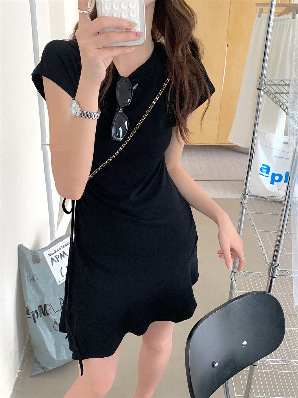 Side Drawstring Fitted Flutter Sleeve Dress